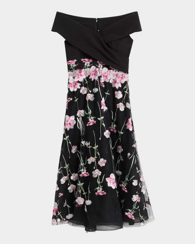 Off-Shoulder Embroidered Tulle Midi Dress